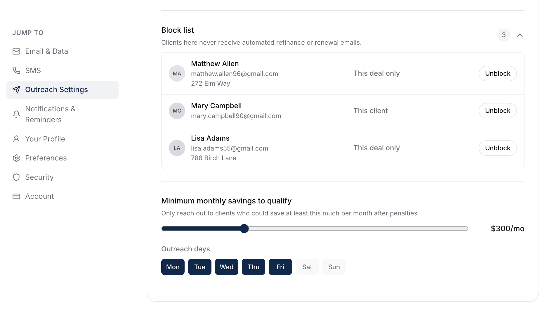 The expanded block list in Outreach Settings, showing three blocked entries labeled This deal only or This client, each with name, email, and an Unblock button.