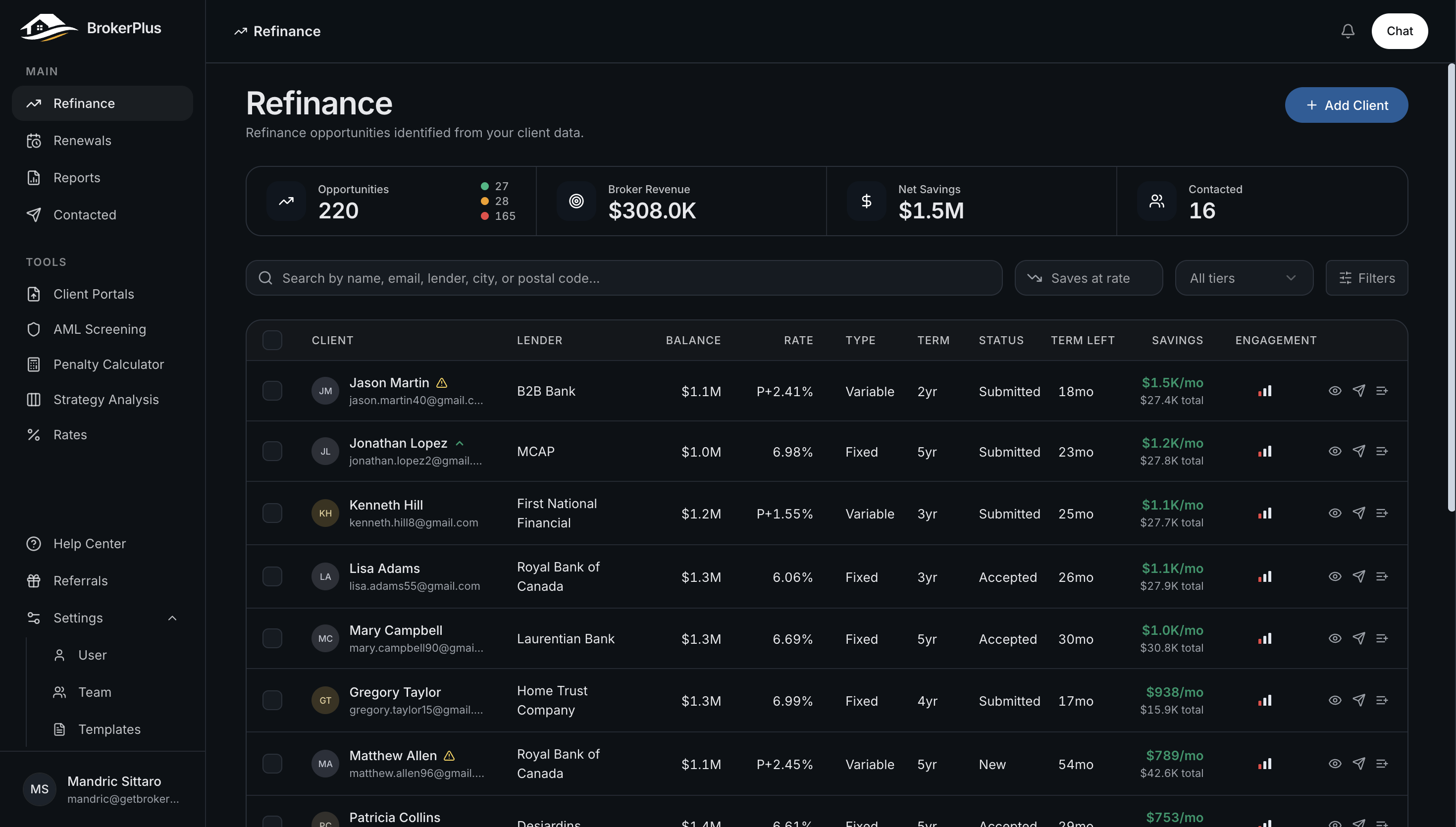 The Refinance page rendered in Carbon mode - the full dashboard, sidebar, and candidate table on a dark background.