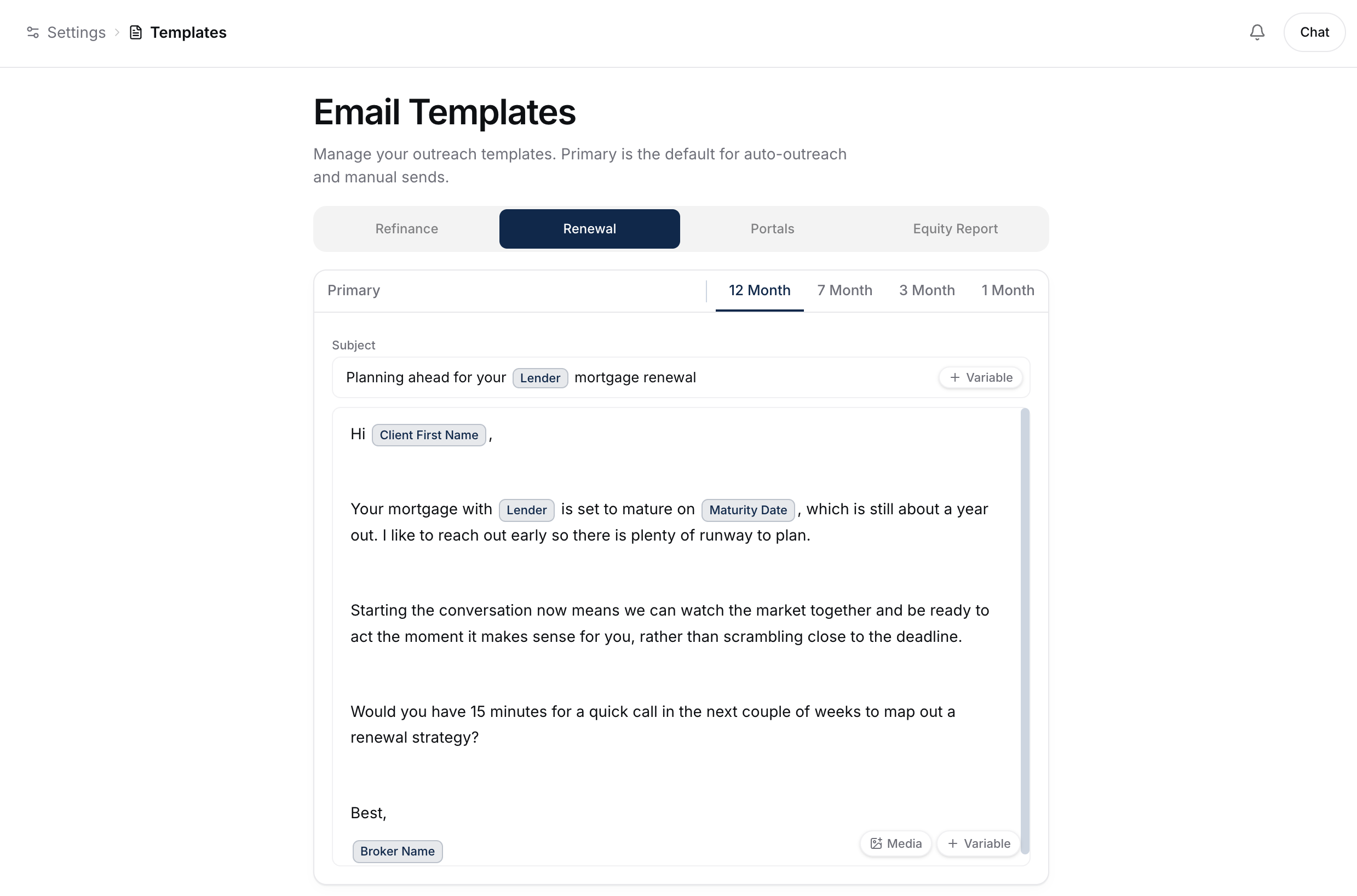 The Email Templates page with the Renewal tab selected, showing the Primary template open and the 12 Month, 7 Month, 3 Month, and 1 Month step tabs alongside it, with the subject and body editor below.