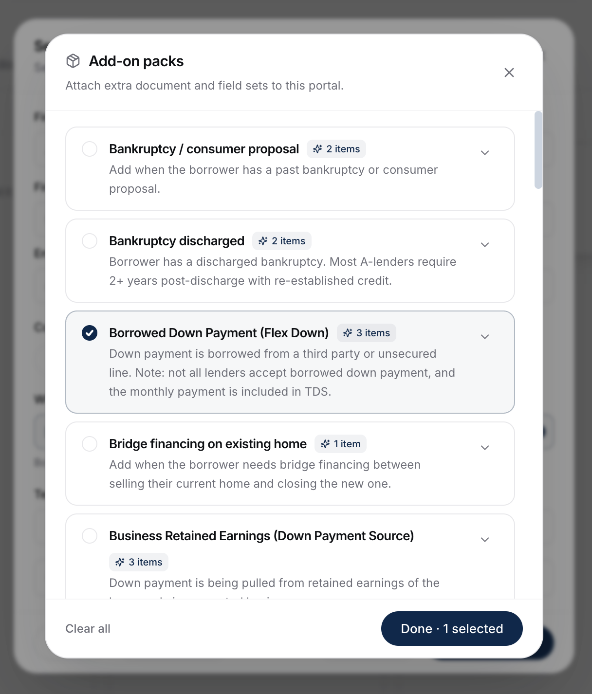 The Addon Packs picker open during a portal send, listing packs like Gift from a Canadian source and RRSP Home Buyers' Plan, with one pack expanded to show its info field, document, and signing items.