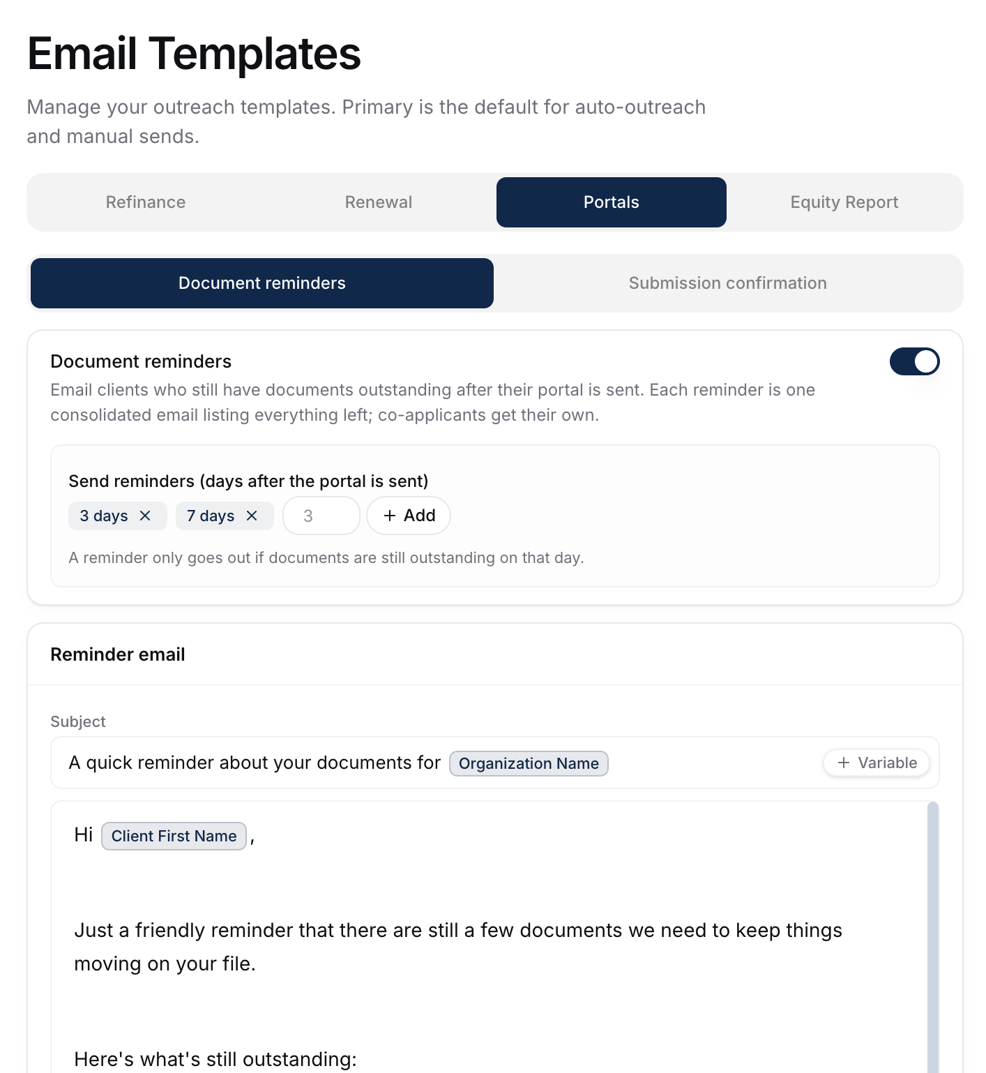 The Portals tab under Settings, Email Templates, showing the Document reminders toggle on, the day chips for 3 and 7 days, and the reminder email editor below.