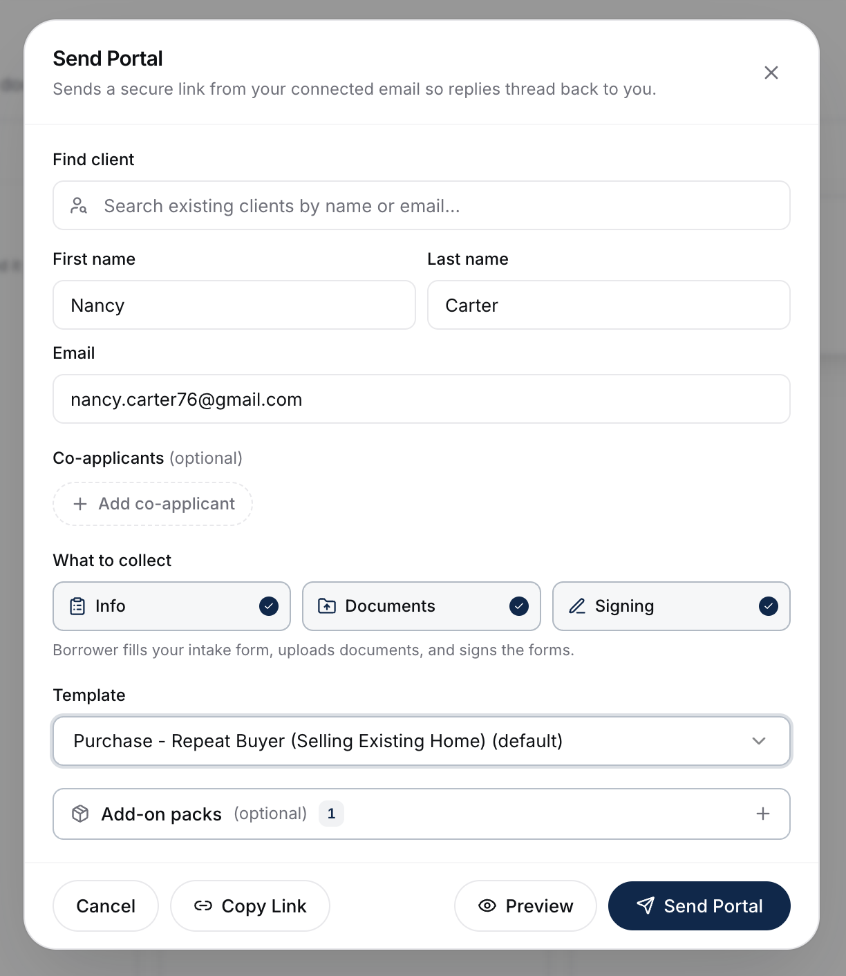 The Send Portal modal showing the client, collection toggles, template selector, add-on packs, Copy Link, and Review and send actions.