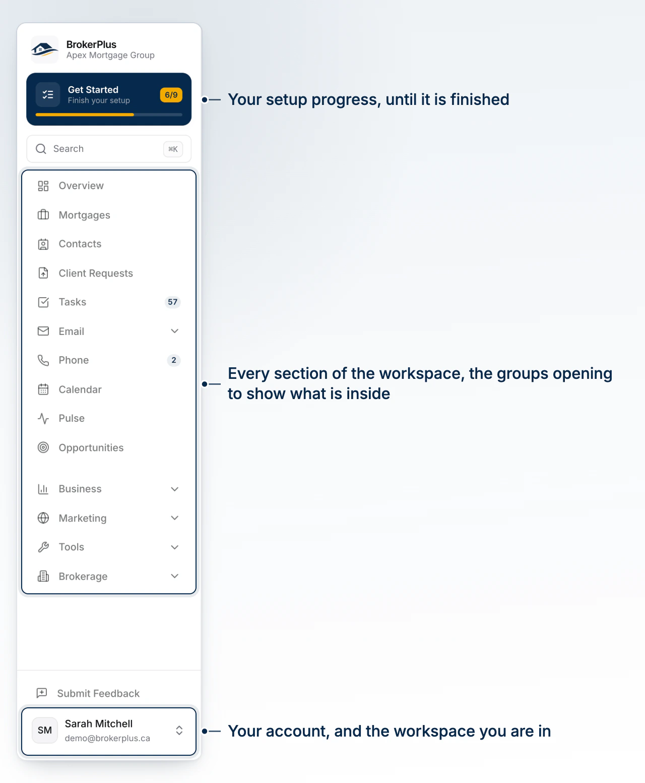 The sidebar from the brand mark down to the account menu, the daily surfaces above the gap and the four groups that expand below it