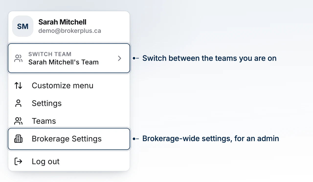 The account menu open at the foot of the sidebar, showing the team switcher above Customize menu, Settings, Teams, Brokerage Settings and Log out