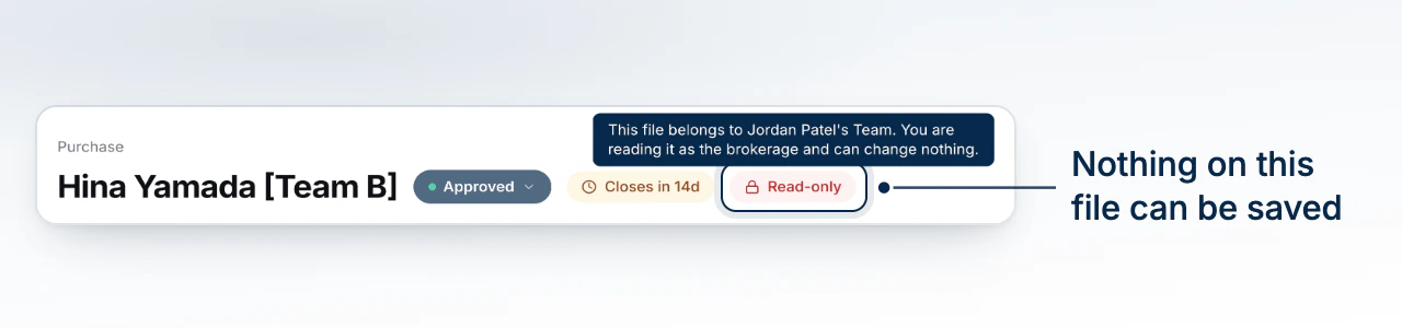 The Read-only chip at the top of a deal, its tooltip naming whose file it is and saying it is being read as the brokerage
