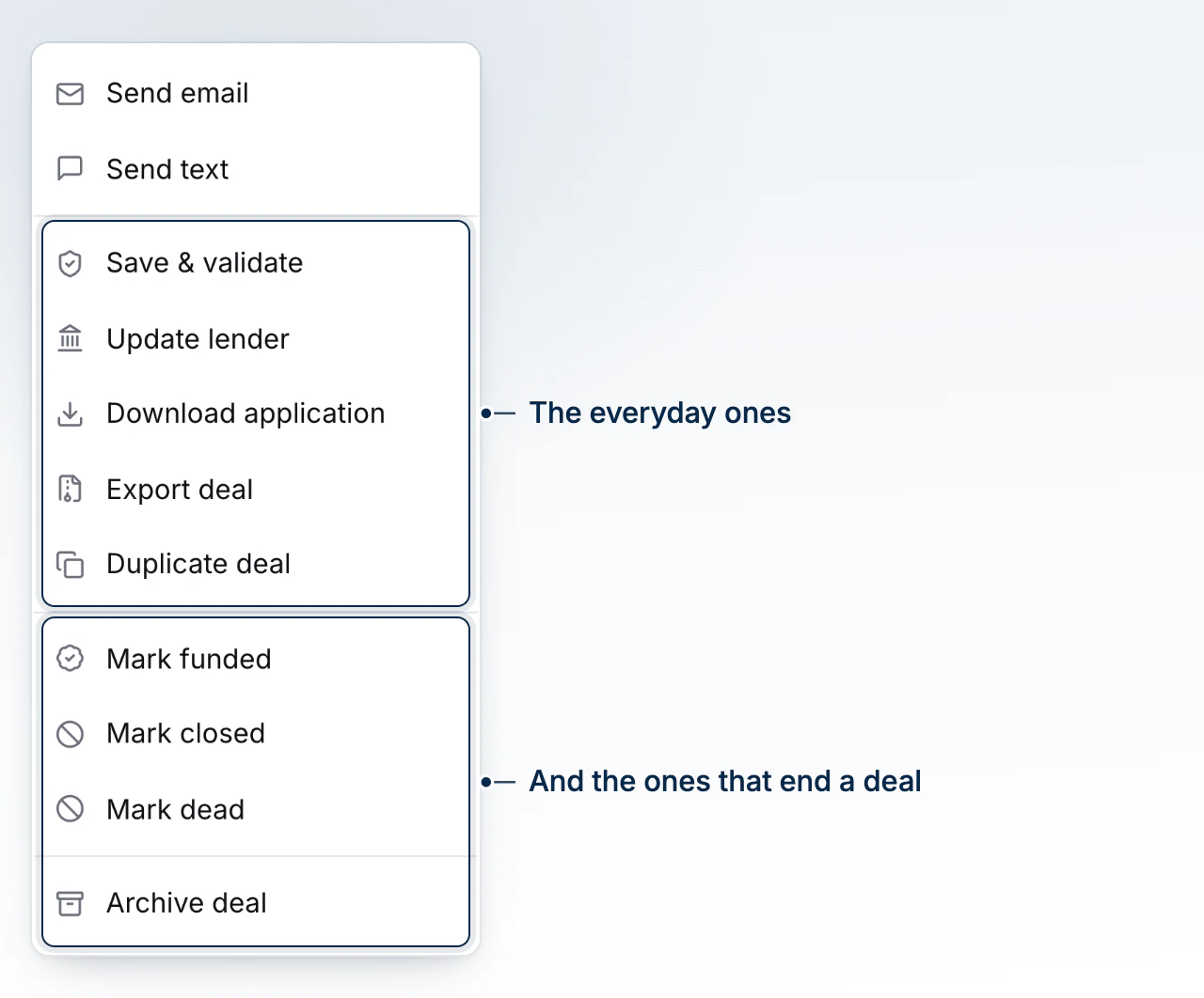 The Actions menu open on a deal, listing the everyday actions above the ones that end a deal