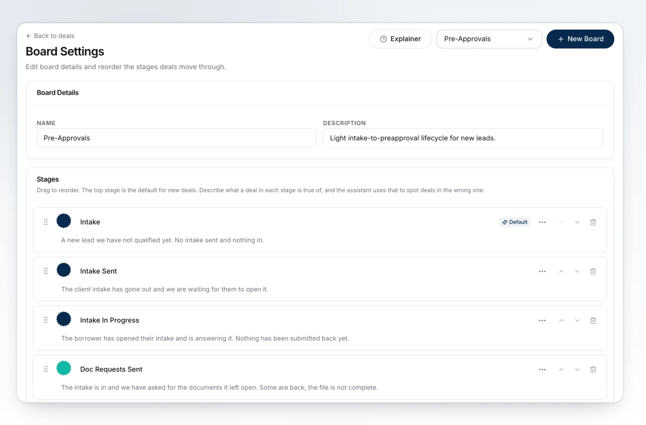 The Board Settings page with one of the seeded boards picked, its stages listed in order