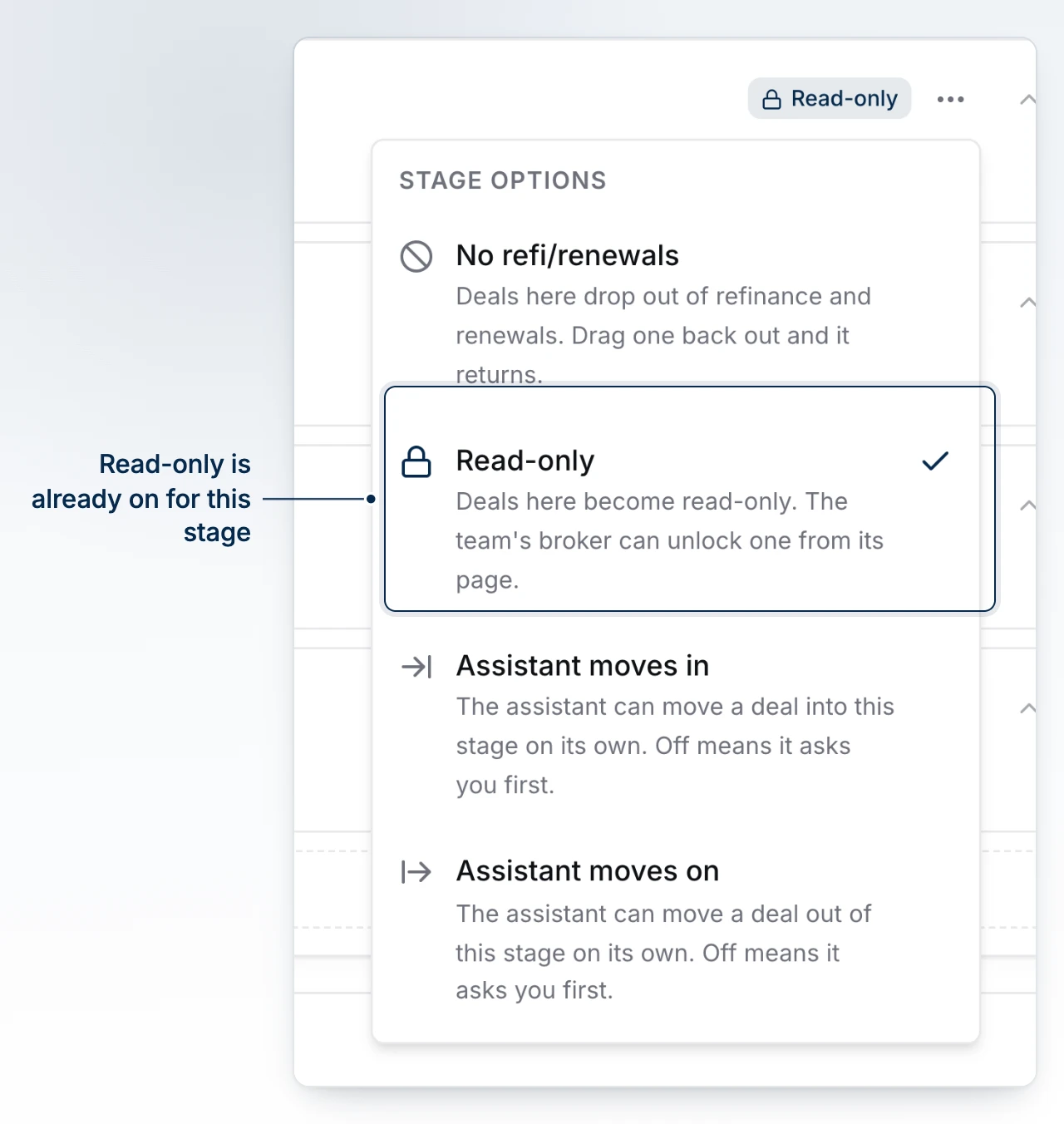A stage's options menu open, showing the behaviours a column can carry including read-only and the two assistant moves