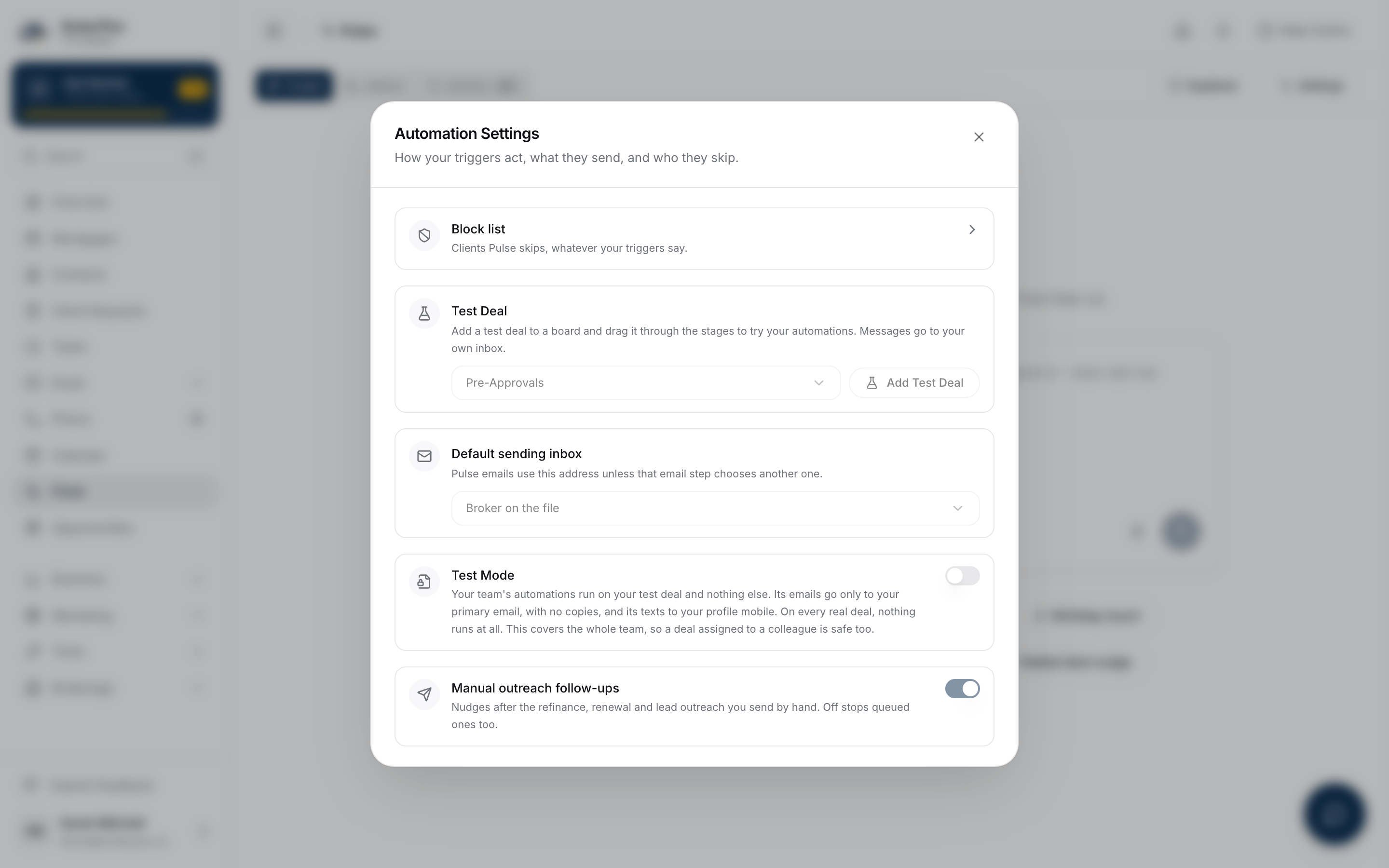 Pulse settings showing Test Mode, the test deal card, and the default sending inbox
