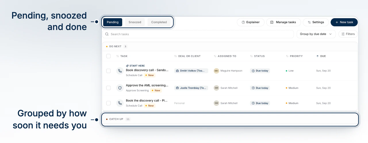 The tasks queue with its pending, snoozed and completed tabs above the work grouped into do next, catch up and on the radar