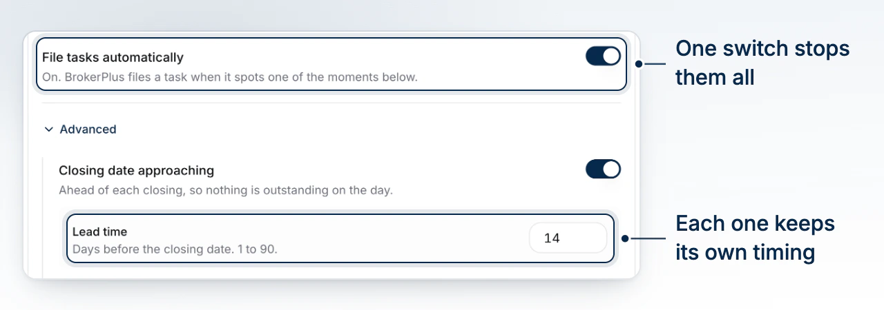 The File Tasks Automatically switch above the individual scanners, the first of them open to show its lead time